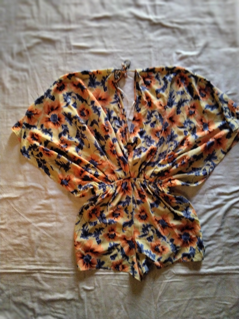 Yellow Floral V-Neck Tunic Romper with Orange and Navy Blooms